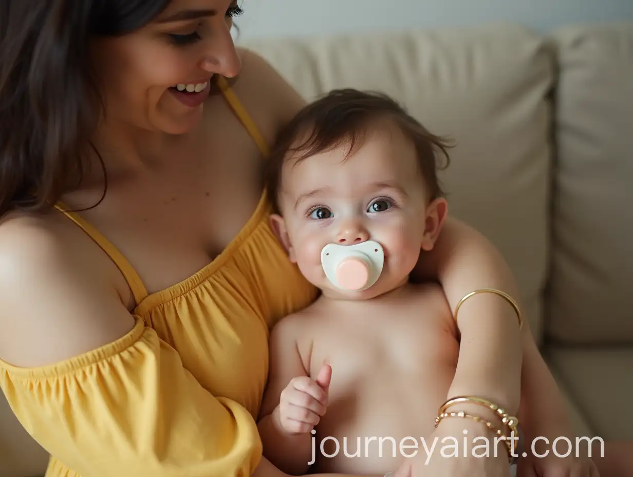 Baby-Boy-Cradled-by-Fashionable-Mom-at-Afternoon-Gathering