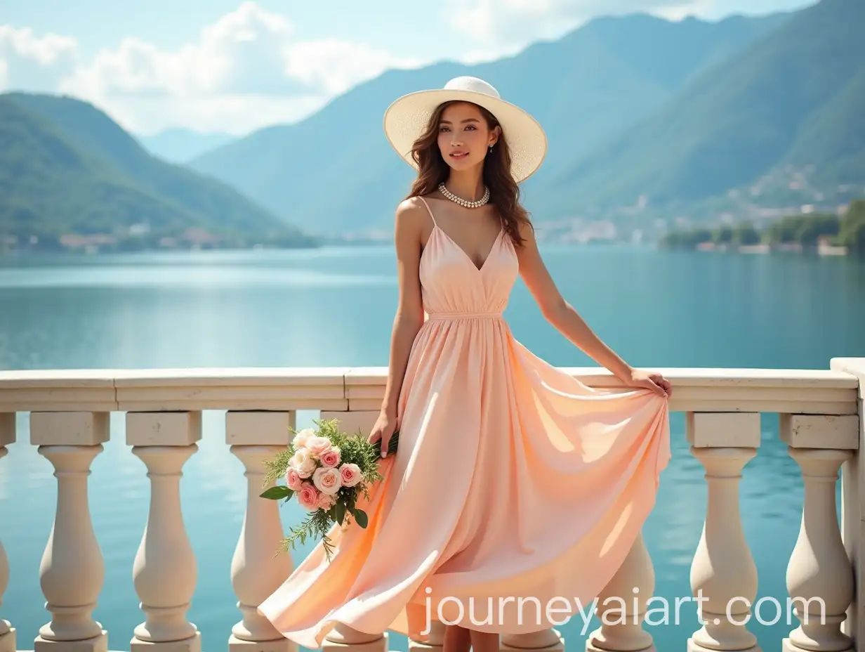 Beautiful-Girl-in-Peach-Summer-Dress-with-Pearl-Necklace-and-Bouquet-by-Lake-Como