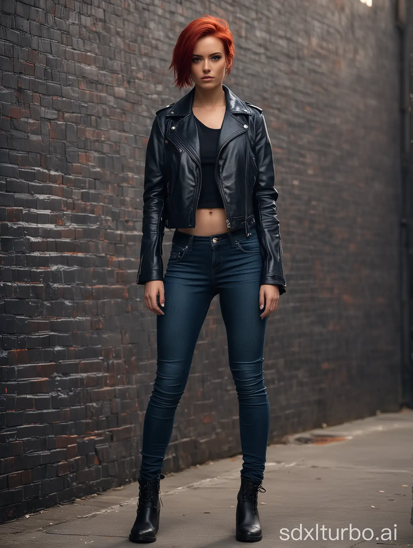 Jesse Faden (vibrant red hair), strong and expressive face, fit athletic build, wearing a slightly cropped dark navy blue leather jacket, black ankle boots, simple dark-coloured top, dark blue jeans, dynamic pose, dramatic lighting, gritty urban backdrop, showcasing confidence and strength, vibrant colors, ultra-detailed, high quality, 4K