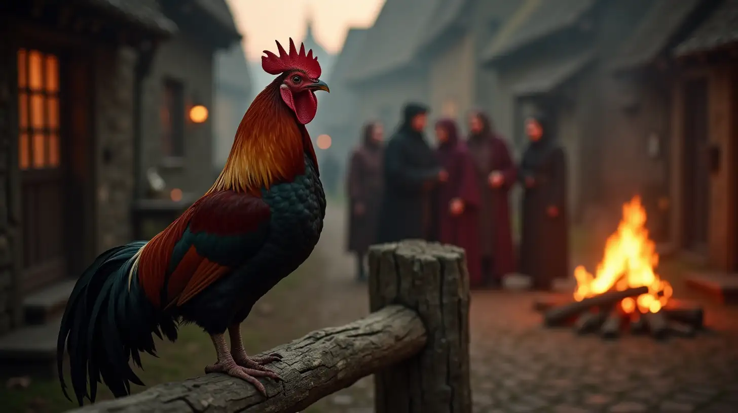 Rooster on Wooden Fence Overlooking Gothic Era Gathering by the Fire