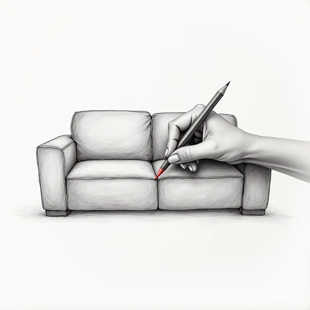 Woman-Drawing-a-Sofa-in-Gray-Scale-with-a-Touch-of-Red