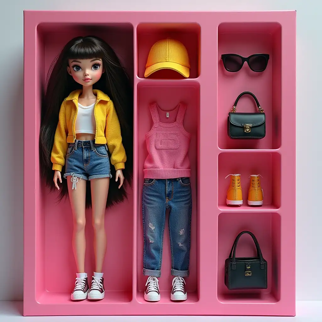 Create a collectible action figure of a person - like an expensive toy in packaging. Style: as realistic as for advertising or storytelling (aspect ratio 9:16). Main points: This is a 3D doll in the style of Bratz, made of soft touch plastic. Character - full size, repeats appearance and outfit from the first photo. Copy every detail: hairstyle, lips, eyes, facial features and proportions. Clothing - exactly, with an emphasis on style and textures. Doll lies in a plastic depression that repeats its silhouette. Packaging: gray Style box modern. Box: transparent plastic in front, cardboard back. Colors ... On top of the box should be written the name of the character ... - letters are embossed and engraved on the box Accessories inside the box: Laid out next to the doll by their places in separate cells: ... (here you need to write bag, glasses etc.) Accessories - maximally photorealistic and detailed mini versions. Key: style, visual and detailing as with a premium collectible toy
