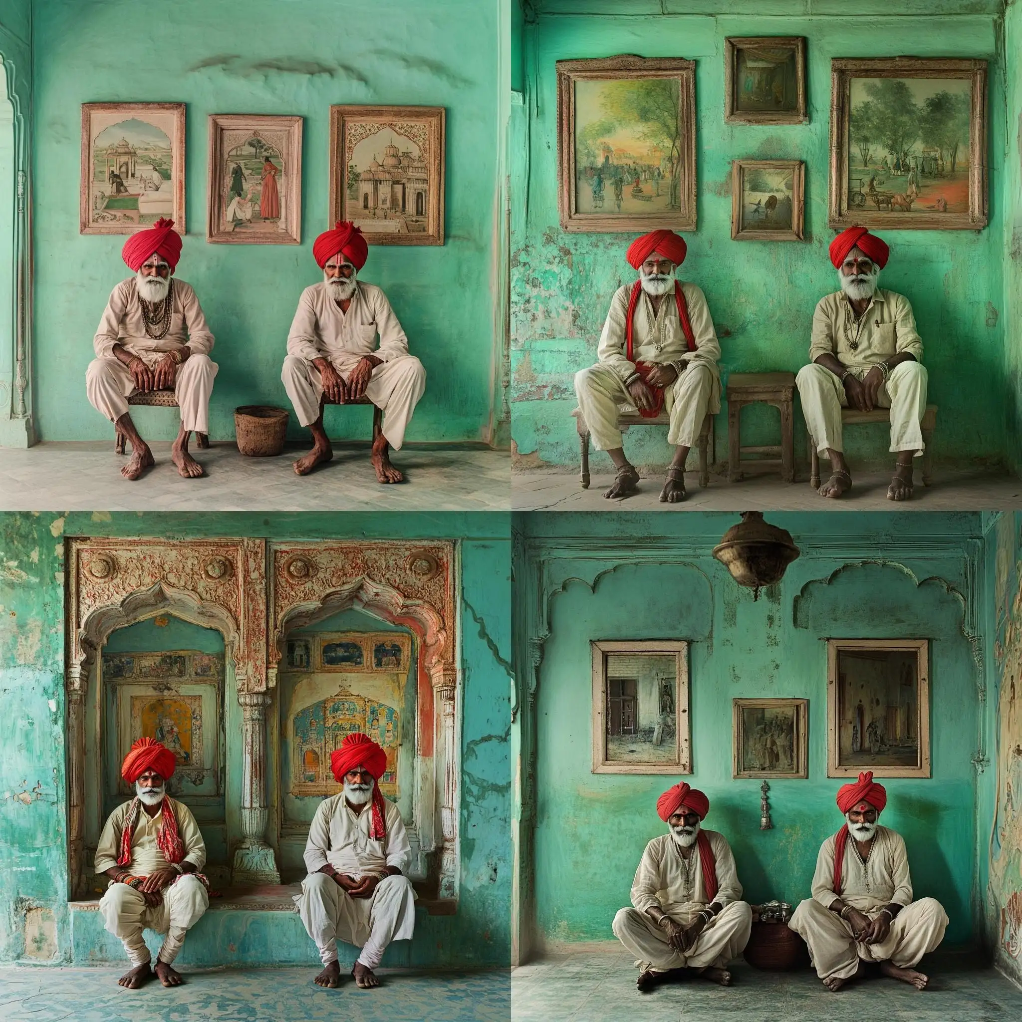 Two-Rajasthani-Rabaris-in-Traditional-Attire-Sitting-in-an-Old-Green-Room-with-Realistic-Paintings