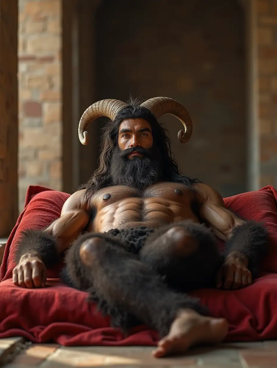 500 BC, 20 YO, handsome satyr goat man with athletic, muscular, shaggy, bushy dark fur, realistic bushy hairy legs and large hooves, bushy hairy abs, broad bushy hairy shoulders, shaggy, muscular arms, broad bushy hairy chest., realistic animal horns, realistic detailed face, large bushy hairy beard, he is lying on his back on red velvet cushions in a old greek temple. 8k. Close-up. HDR. Sharp focus. Vivid colors. The scene is front on from a low angle with breathtaking details like a realistic high-definition, high-resolution, highly detailed