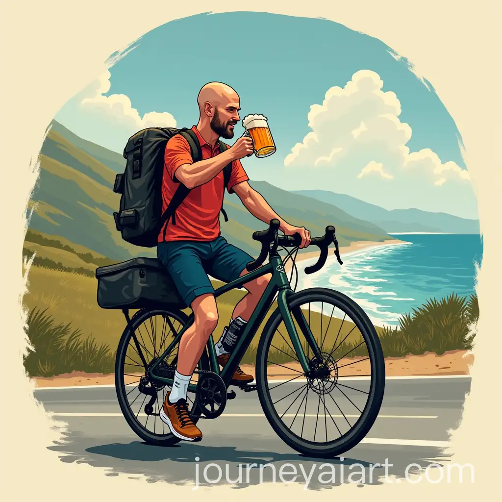 Bald-Cyclist-Traveling-with-Beer-Along-Coastal-Road