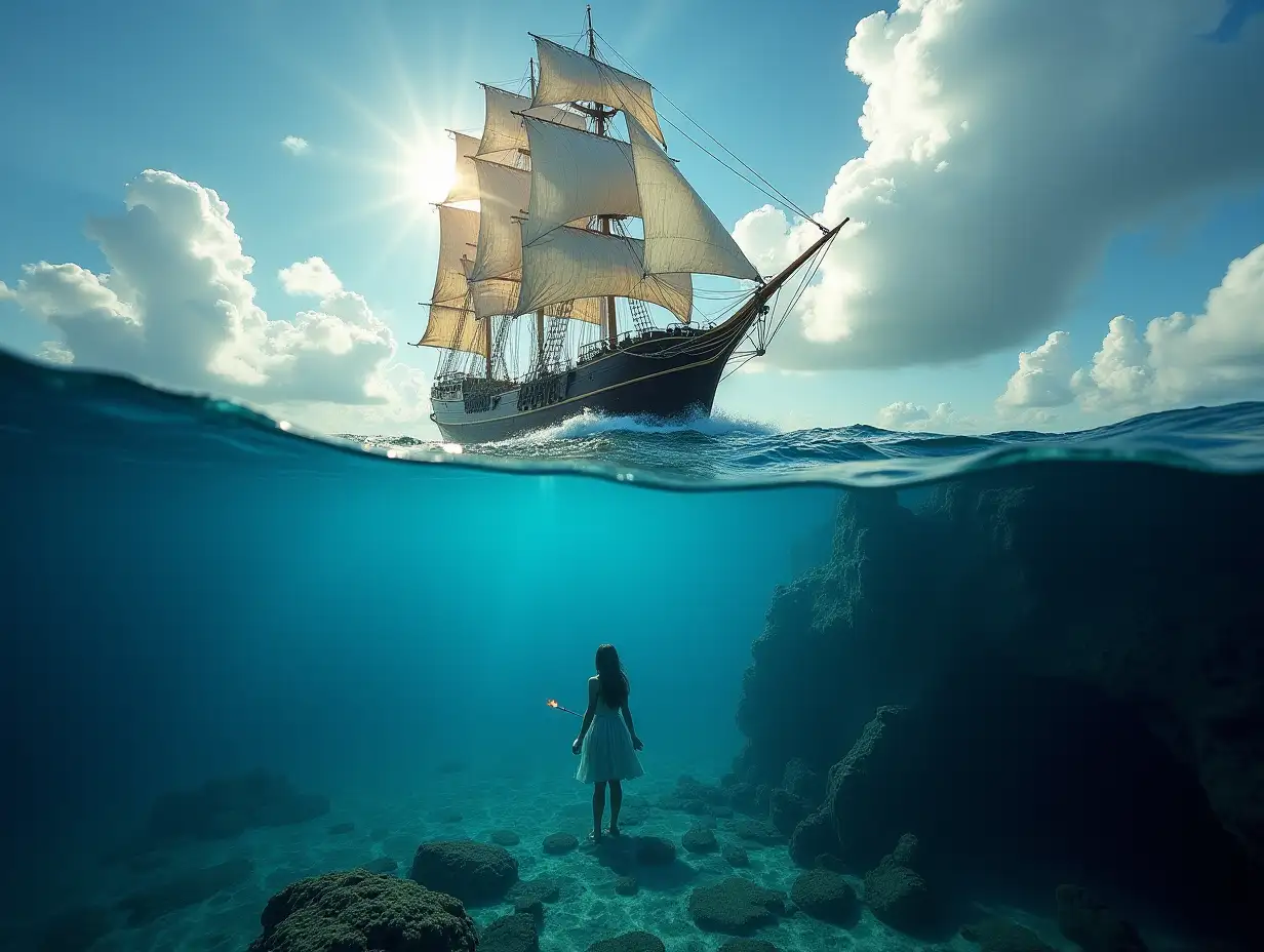 professional photography.Collage, contrast macro photography. two worlds in one frame, a clear separation divided equally, surface and underwater, crystal clear blue water.  huge swirling waves, cumulus clouds, the sun through the clouds, a giant bottom of a ship with sails floats above the water in the foreground. under the water near the ship in the depth in the center, the girl walks along the seabed and holds a torch with fire, the corner of the old ruins in the depths.