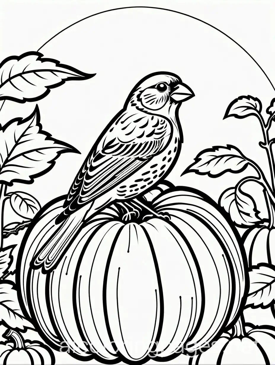 House-Finch-Perched-on-a-Pumpkin-in-a-Pumpkin-Patch-Coloring-Page