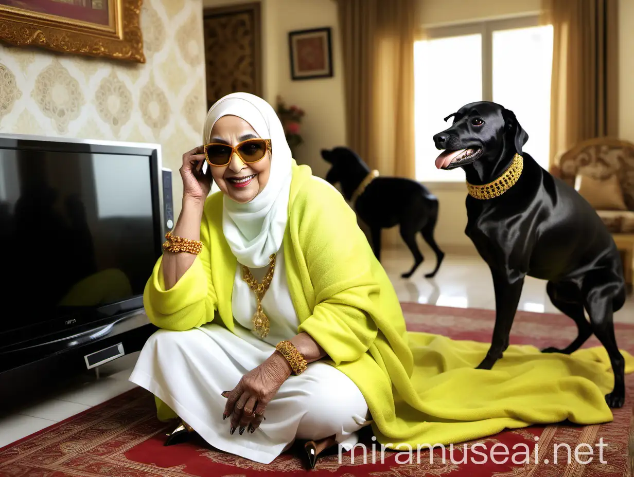 Elderly Muslim Woman in Luxurious Dining Room with Dog and Gold Ornaments