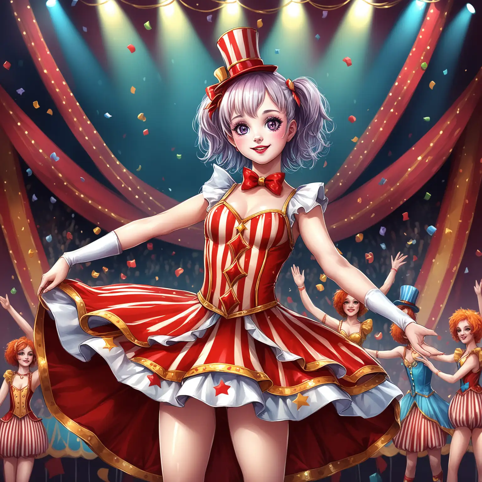 AI, present yourself as a cheerful young circus performer on stage wearing luxurious circus costume