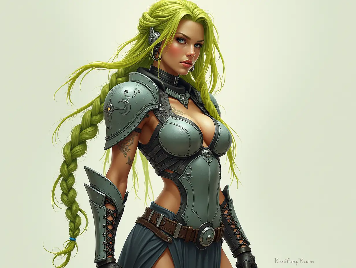 Depiction of a beautiful white woman with -tattoo, long mixed green-yellow braided hair in a futuristic armor style and laced boots