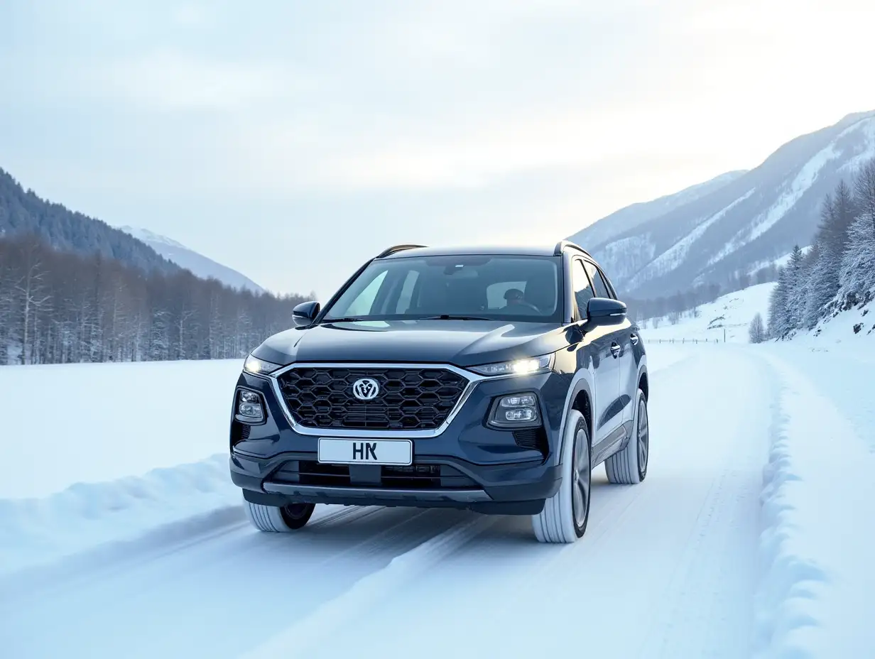 the car of the Haval Jolion brand is driving along a snow-covered road, with a beautiful landscape against the background