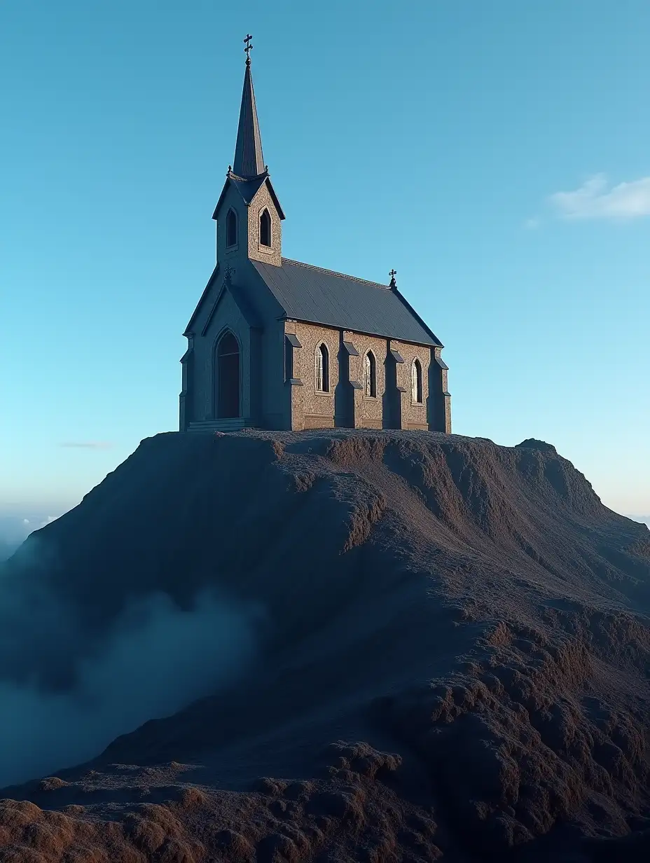 Realistic-Depiction-of-a-Small-Satanist-Church-on-a-Volcano-Under-a-Blue-Sky