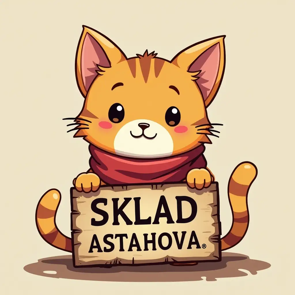 Sits cute cartoon cat with a sign in paws, on the sign the inscription *SKLAD ASTAHOVA*, western style