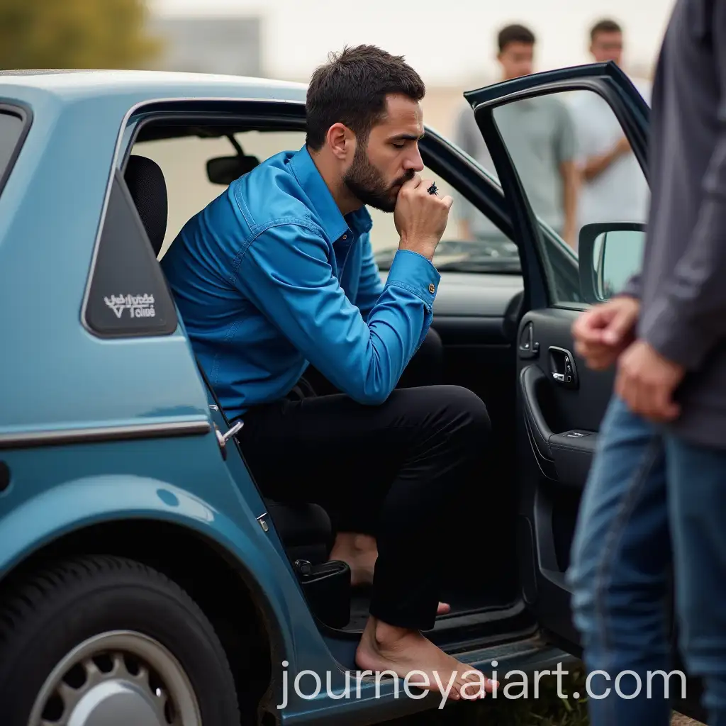 Syrian-Man-Smoking-Cigarette-with-Bare-Feet-on-Car-Stairwheel
