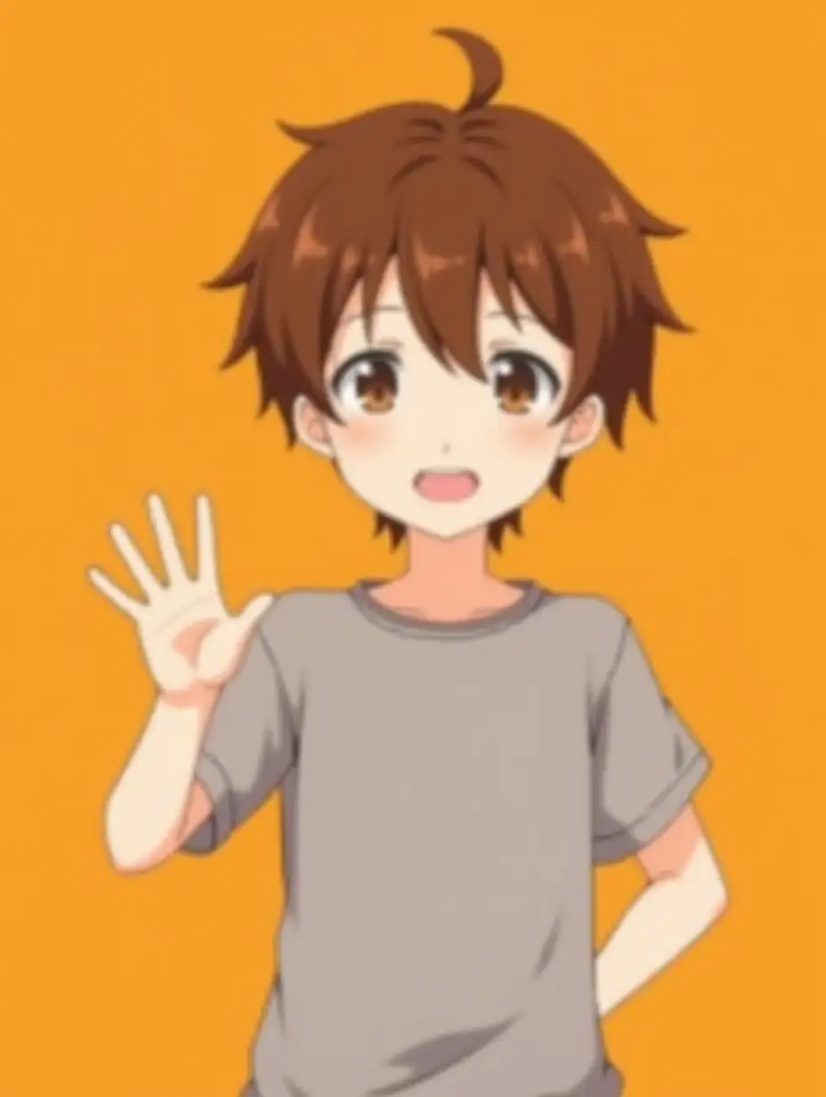 A boy in grey shirt in standing and waving at the camera. He has brown hair. The background is orange. Anime style.