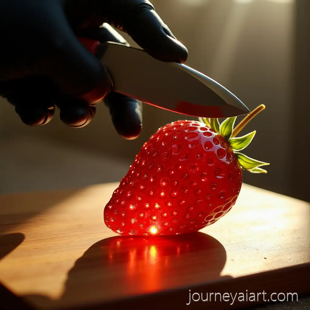CloseUp-of-a-ShGlass-strawberry-macro-shotimmering-Red-Glass-Strawberry-on-a-Wooden-Cutting-Board-with-Knife