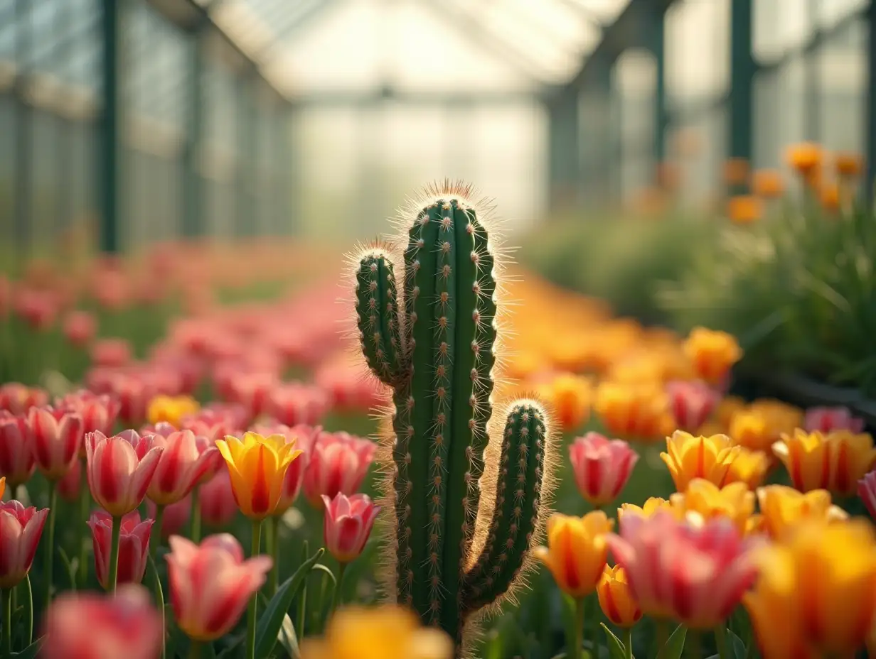 A light breeze embraces a lonely cactus, standing among an abundance of colors in a greenhouse. Its prickly stems contrast with the delicate petals of surrounding flowers, creating wonderful harmony. The air is filled with a subtle aroma of blooming plants, and sunlight, filtering through glass walls, plays on the surface of the cactus, highlighting its unique texture. The breeze, with a light trail, embraces the cactus and smiles!