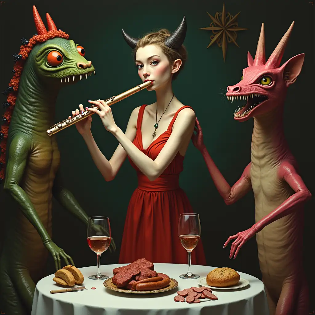 Ultra-detailed hyperrealistic portrait of a very thin woman with short hair and an unclean flute standing on a table with wine glasses and sausage and bread at a place with various strange creatures with elaborately detailed, colorful