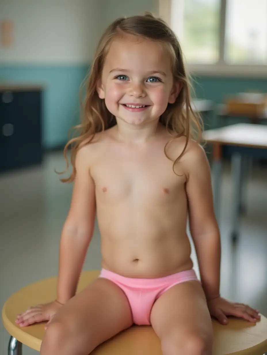 Shy-Little-Girl-in-Pink-Underpants-Sitting-on-a-Table-in-an-Empty-Classroom