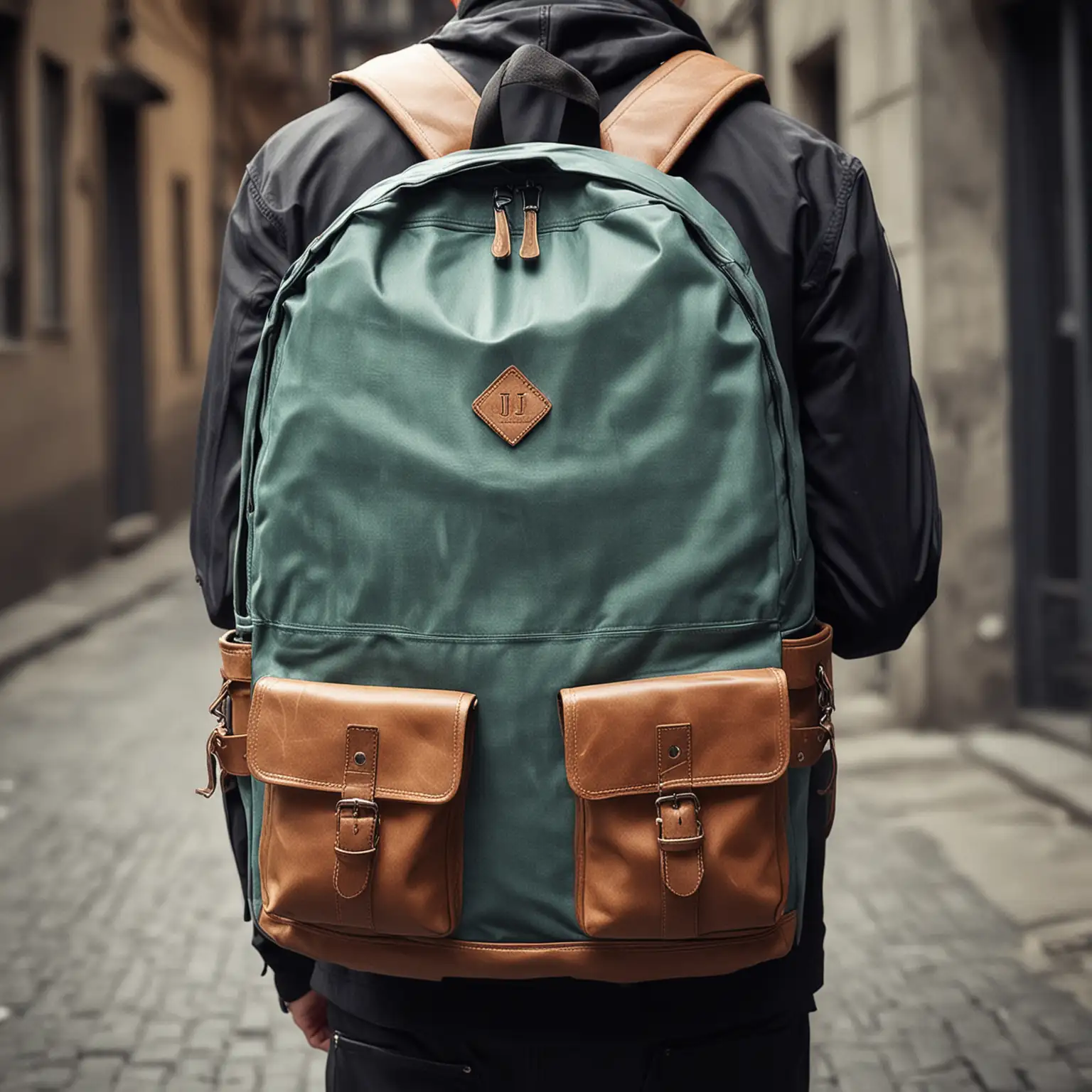 Man with Stylish Backpack in Urban Street Scene