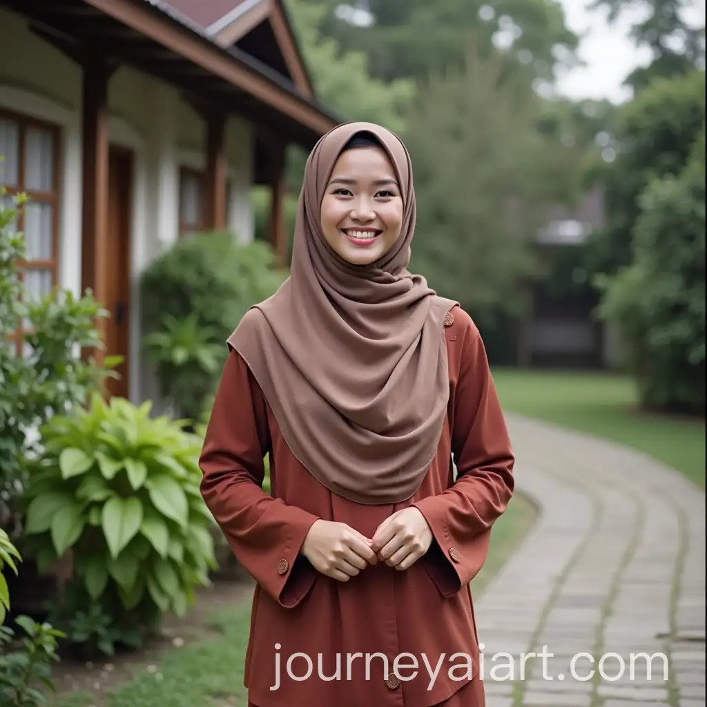 Smiling-Indonesian-Woman-in-Hijab-and-SMP-Outfit-by-Garden-House