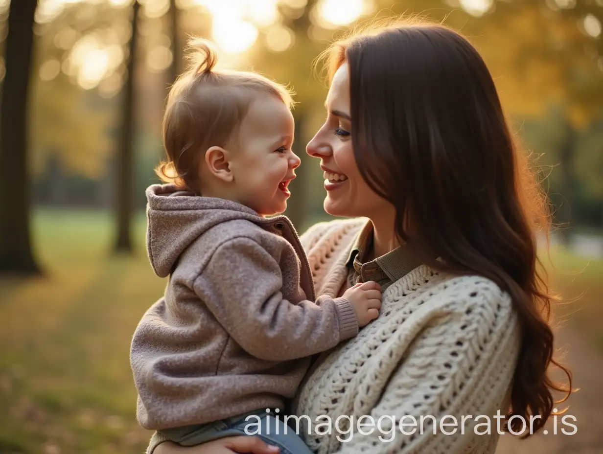 dark brunette 30 year old woman in park from side with a child in her arms