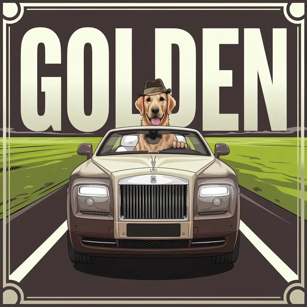 Golden-Retriever-Driving-Luxury-Car-on-Scenic-Road-with-Green-Fields