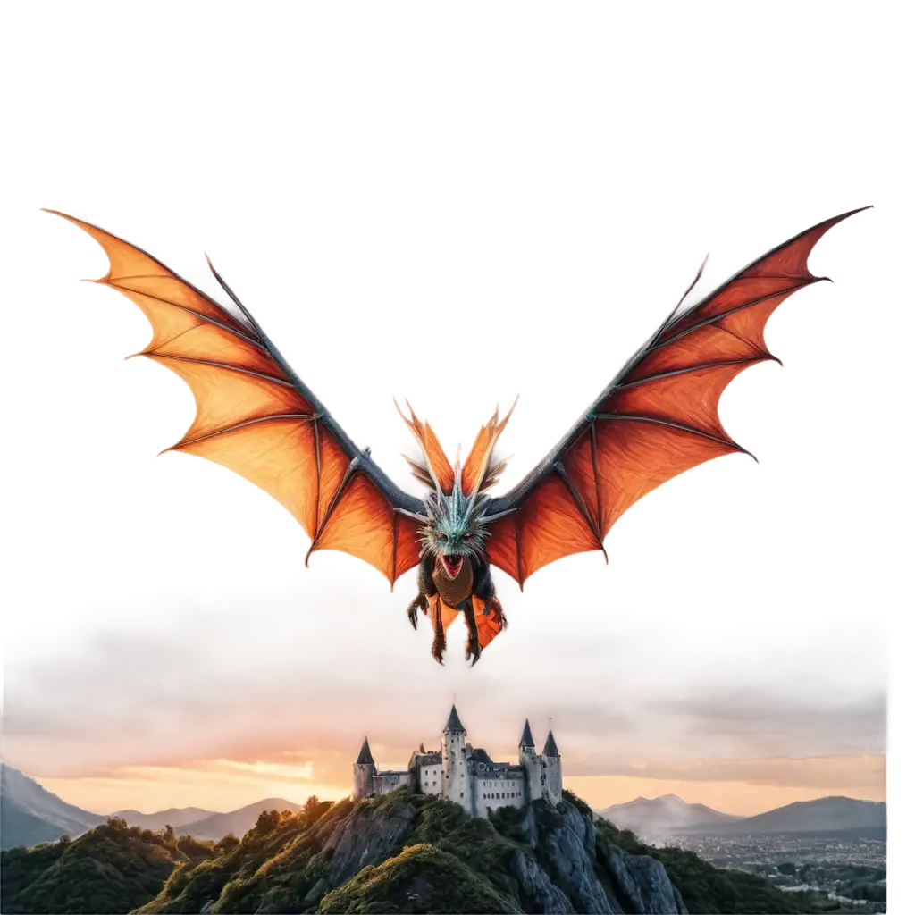 Epic-Flying-Dragon-PNG-Image-SoaringPNG-Image-Usage-Analysis-Above-Medieval-Castle-at-Sunset-HighDetail-Scales-Fire-Breathing-for-Tshirt-Prints