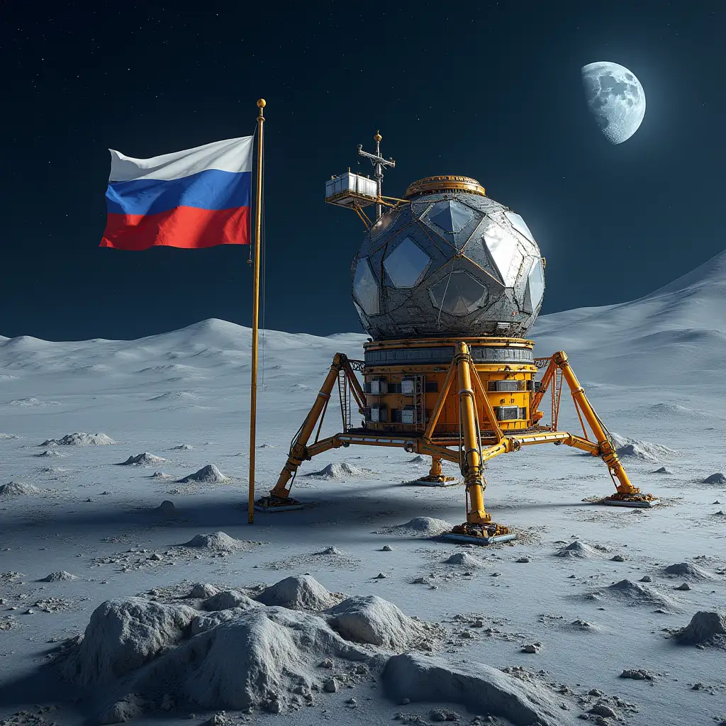 First Russian lunar base, high resolution, professional photo, Russian flag