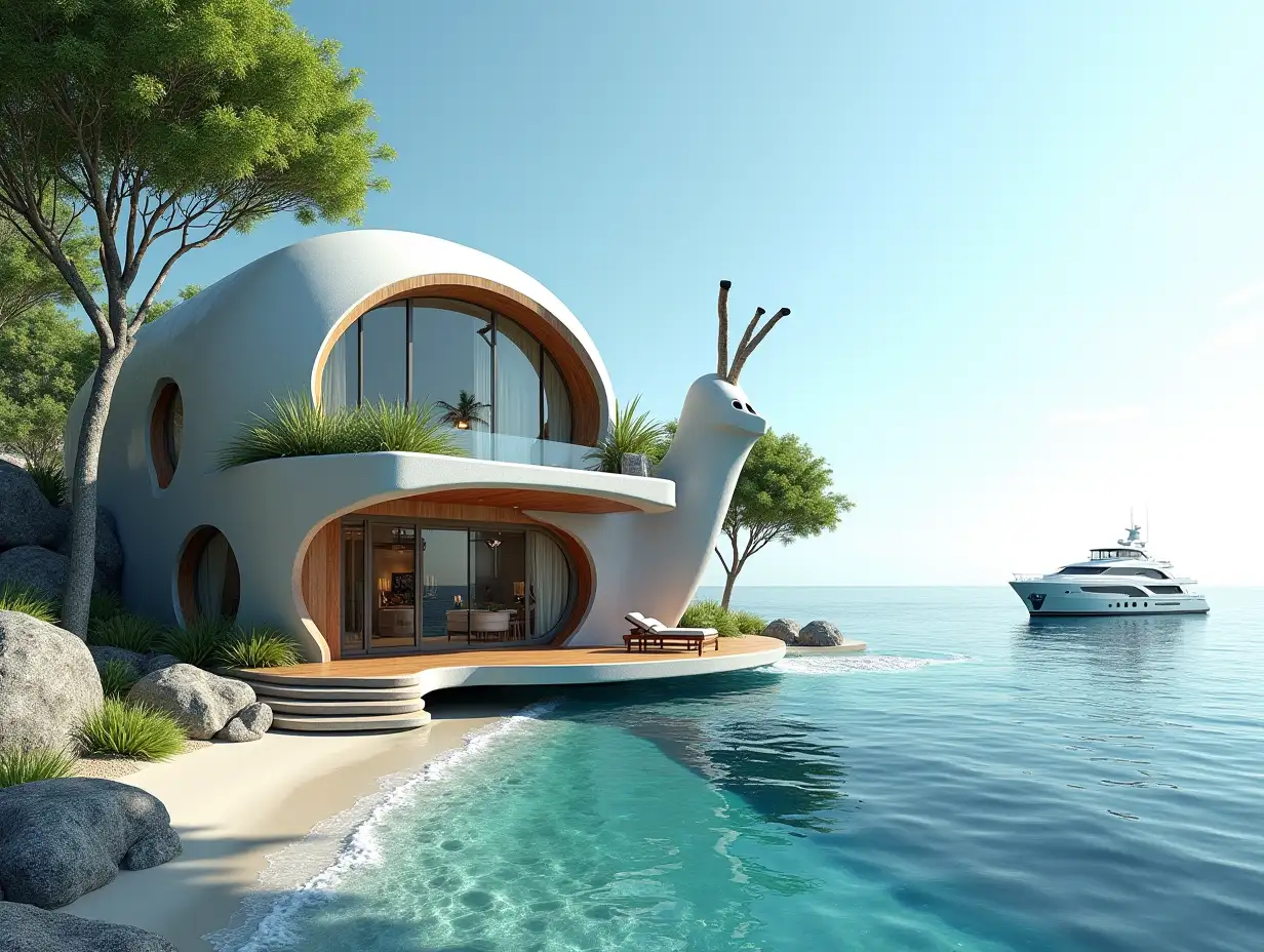 Create a high-resolution, realistic panorama image of a futuristic terrace building with steps to the sea window snail house with many plants and gray and brown facades a yacht on the sea waves, large trees, blue sky