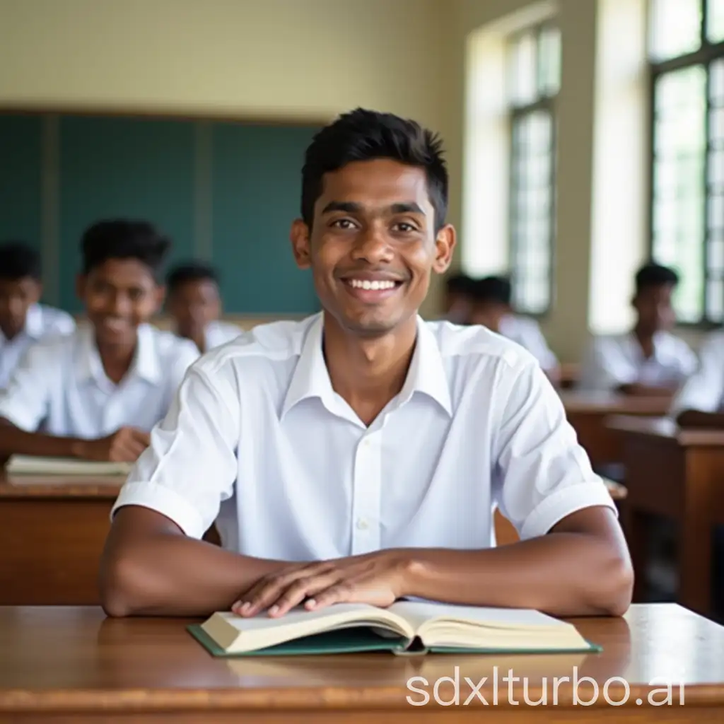 Mature-Sri-Lankan-High-School-Boy-in-White-Uniform-Seated-in-Classroom