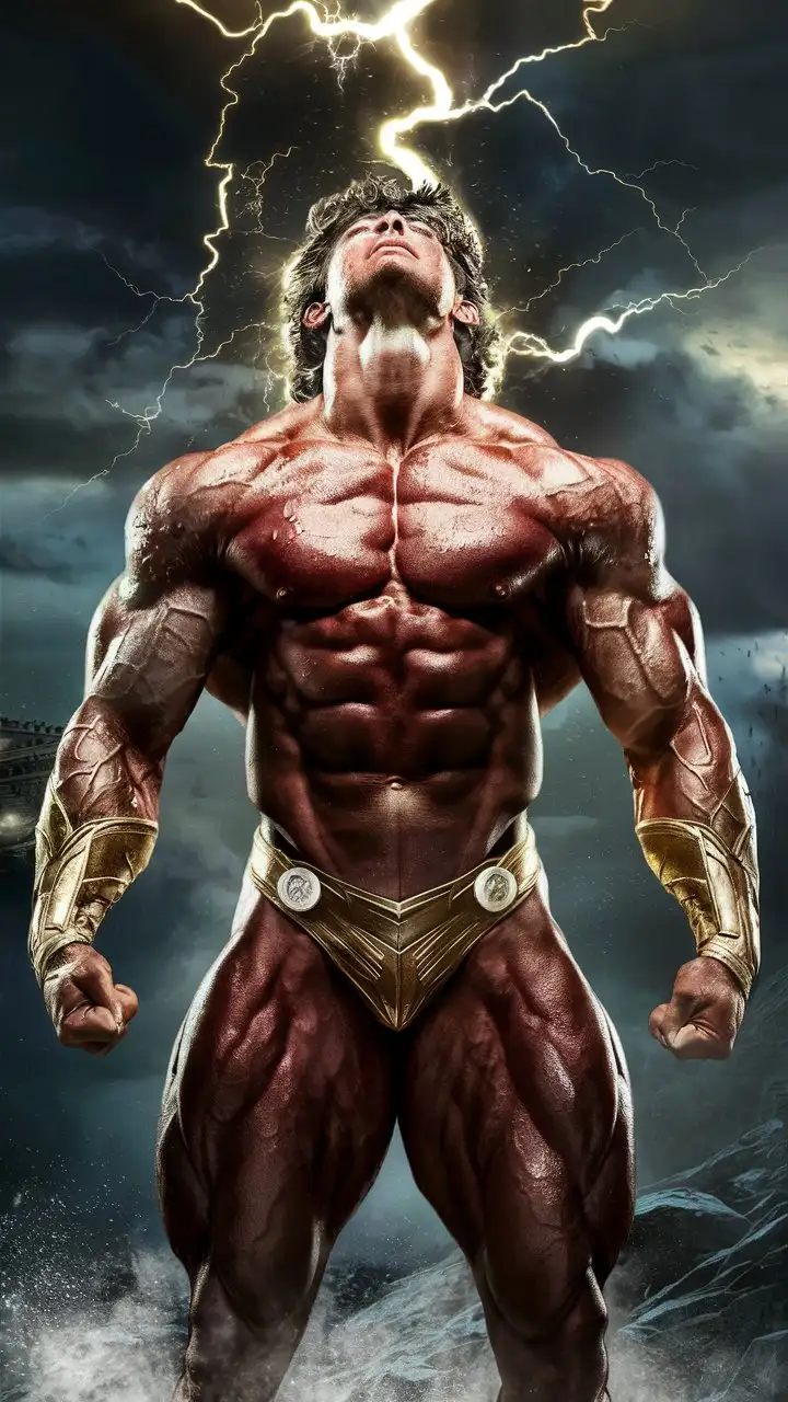 Powerfully muscled, hugely ripped, pumped, beardless bodybuilder musclegod reverently receives the powers of Zeus, becomes a mighty superhero. 24 years old. Photorealistic.
