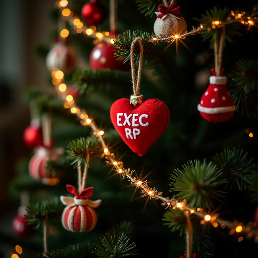 A Christmas tree with a glowing garland on it and various toys, a heart-shaped toy hanging on it in the middle with the inscription 'EXEC RP', realistic, winter style, New Year decoration