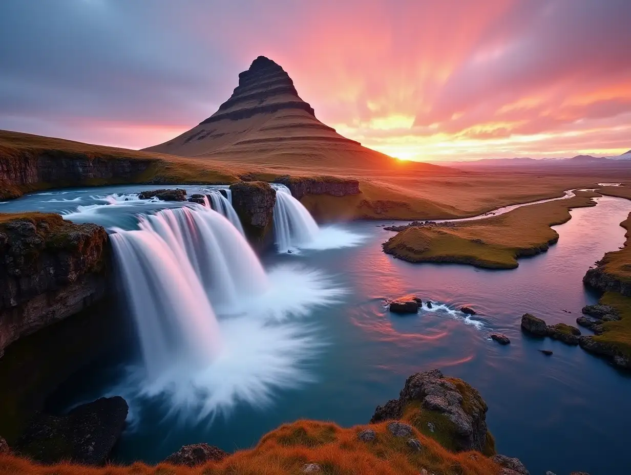 Dramatic-Sunset-at-Kirkjufellsfoss-Waterfall-and-Mountain