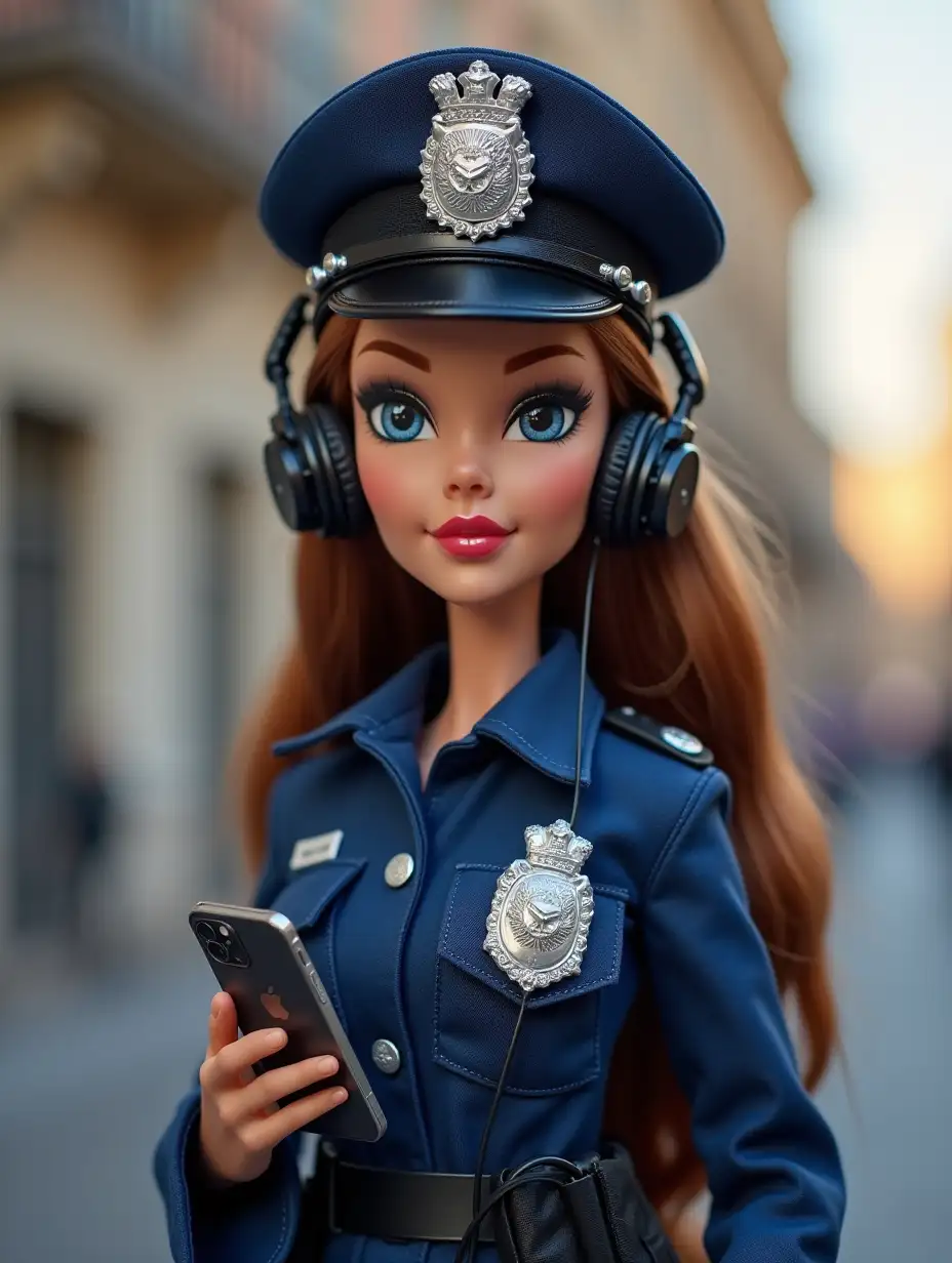 Doll in police uniform with an iPhone and headphones, beret