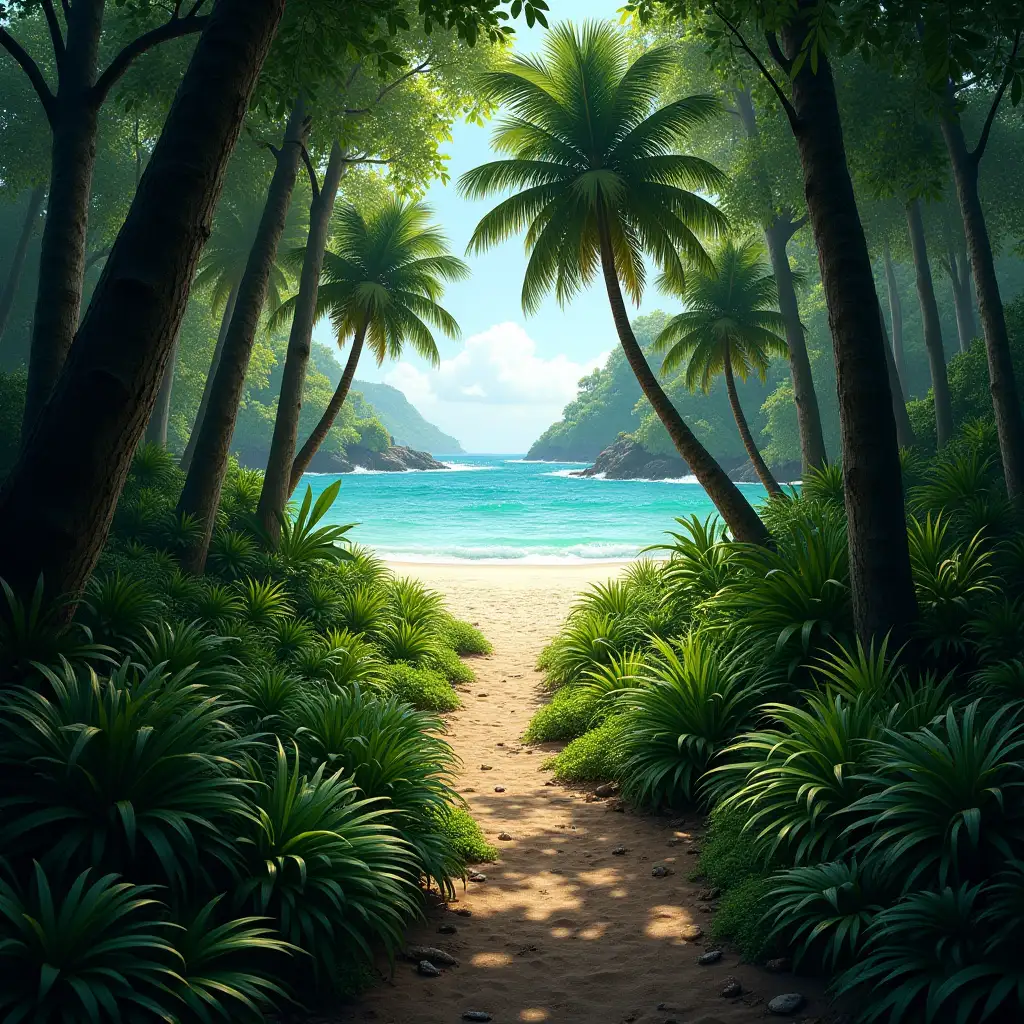 In the midst of the forest, a pathway leads to a lush beach