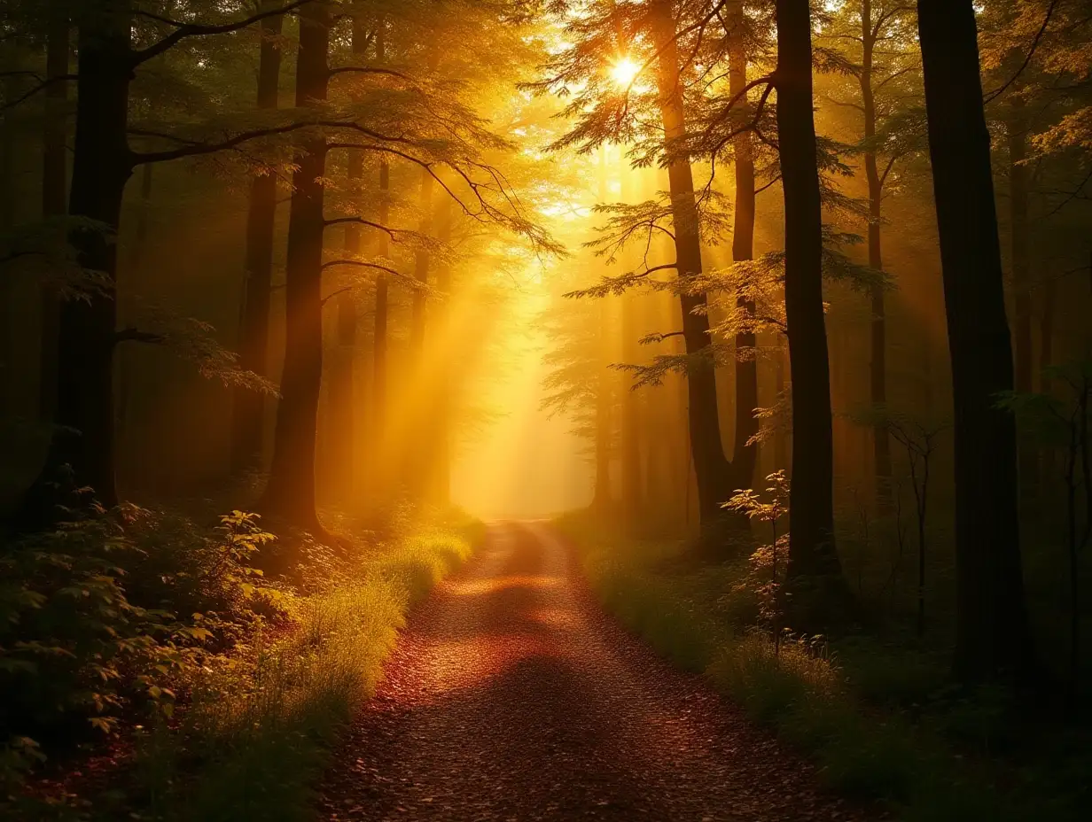 Gold forest scenery with rays of warm light illumining the foliage and a footpath leading into the scene