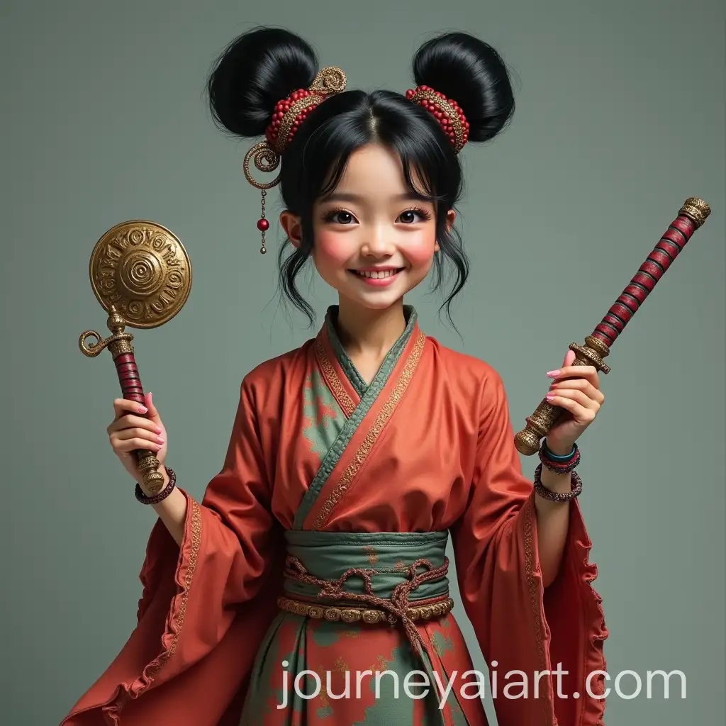 Happy-Asian-Woman-in-Technicolour-Fantasy-Clothes-with-Daggers-and-Metal-Discus