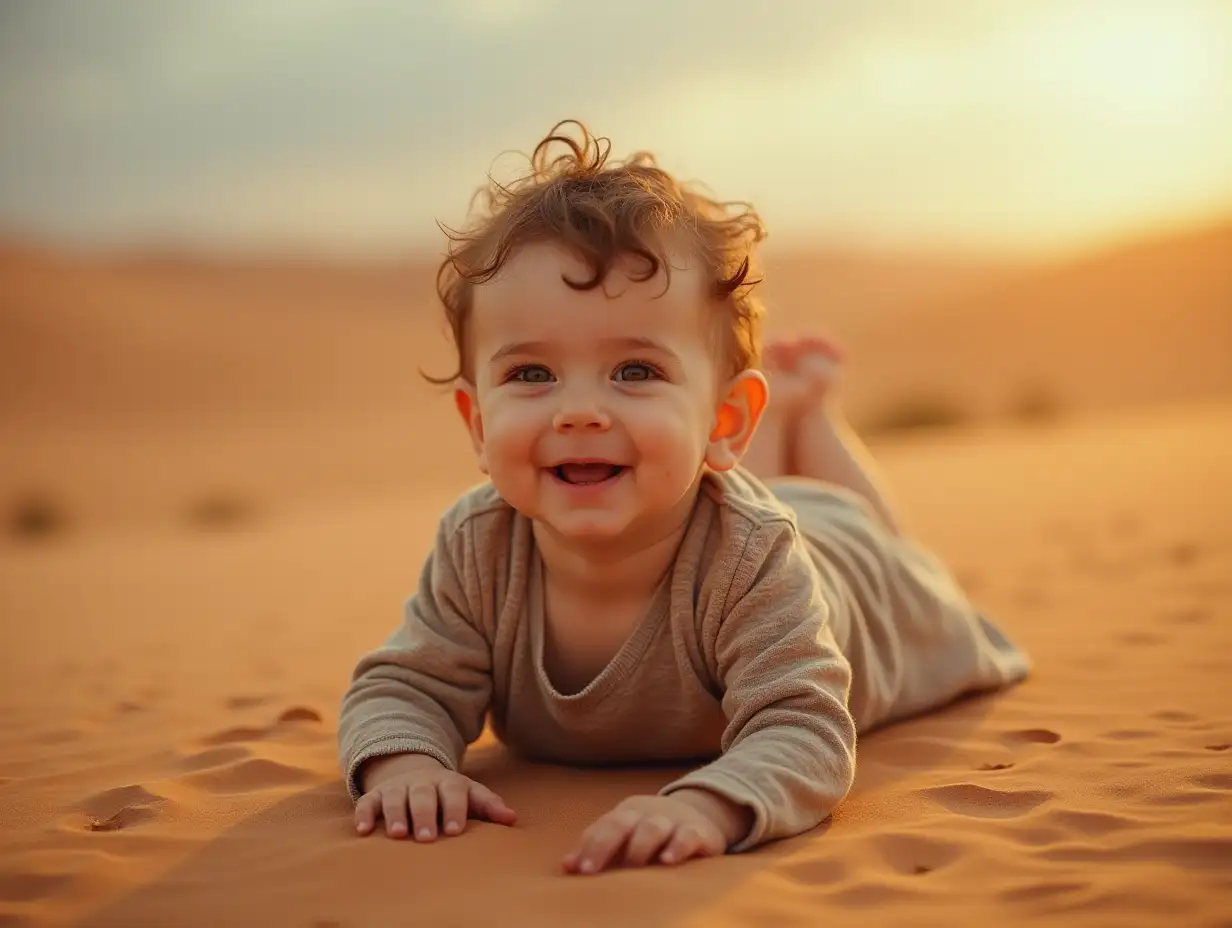 An cute little boy on a grate desert laying down babis age is around 1 year he was left alone in great desert but his face is coverd with divine glow