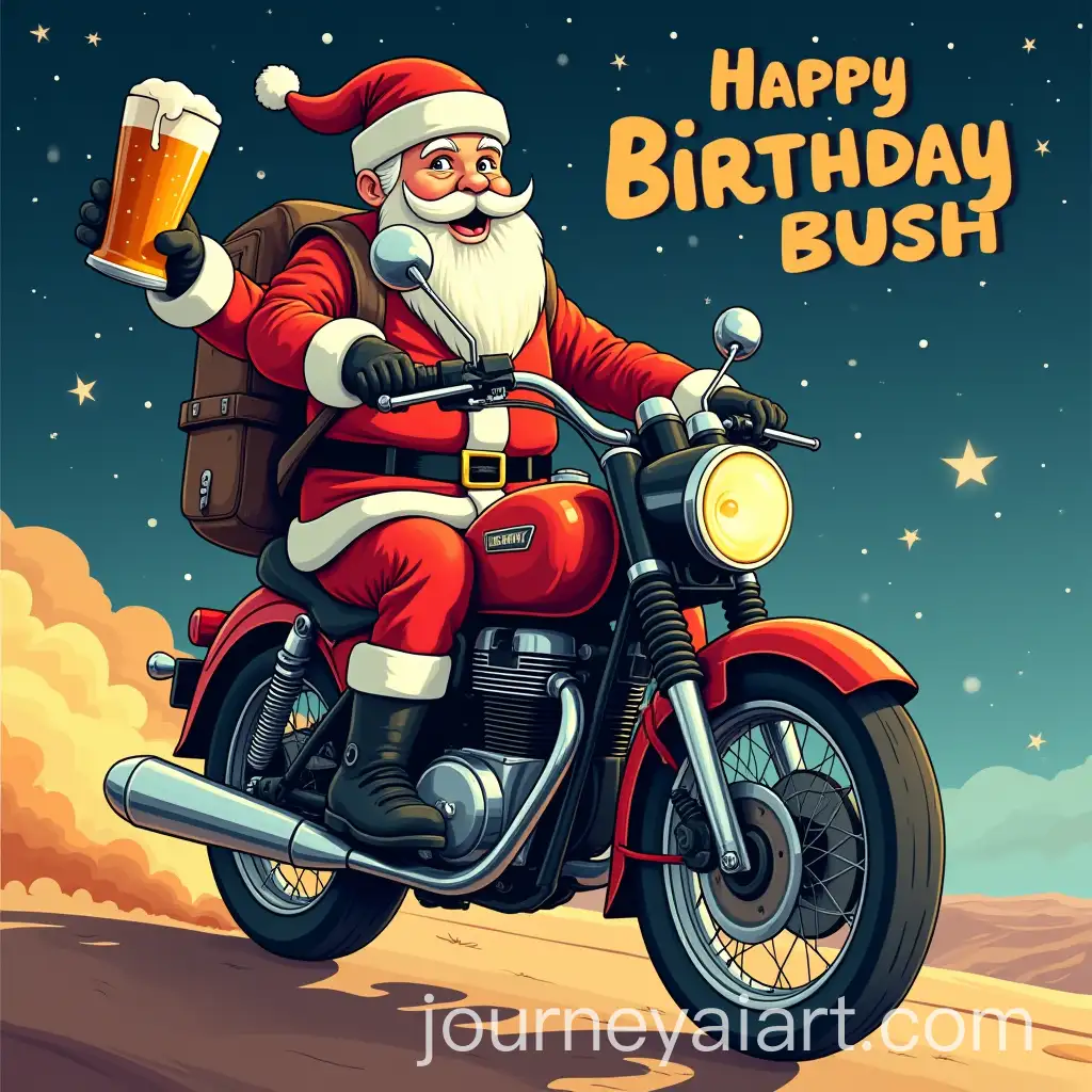 Santa-Riding-a-Motorbike-in-Space-with-a-Beer-and-Happy-Birthday-BUSH-Banner