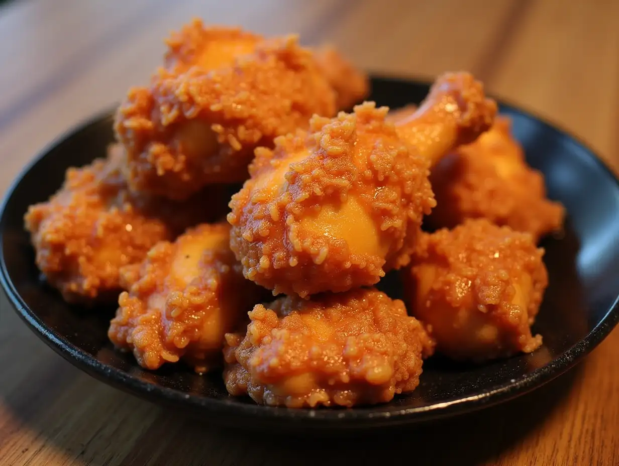 Soy and Spicy Korean Fried Chicken Served on a Black Plate