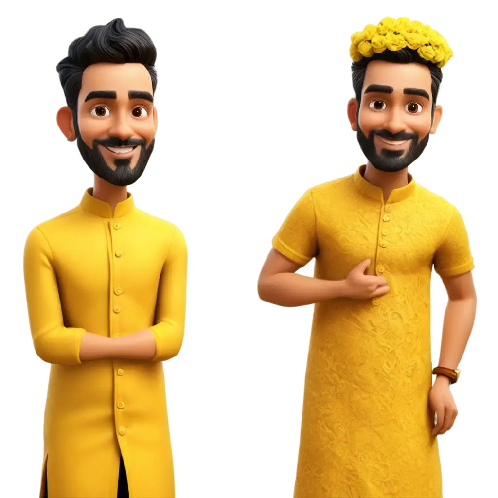 Haldi-Groom-Caricature-Yellow-Dress-Full-PNG-Image-Vibrant-and-Personalized-Wedding-Art