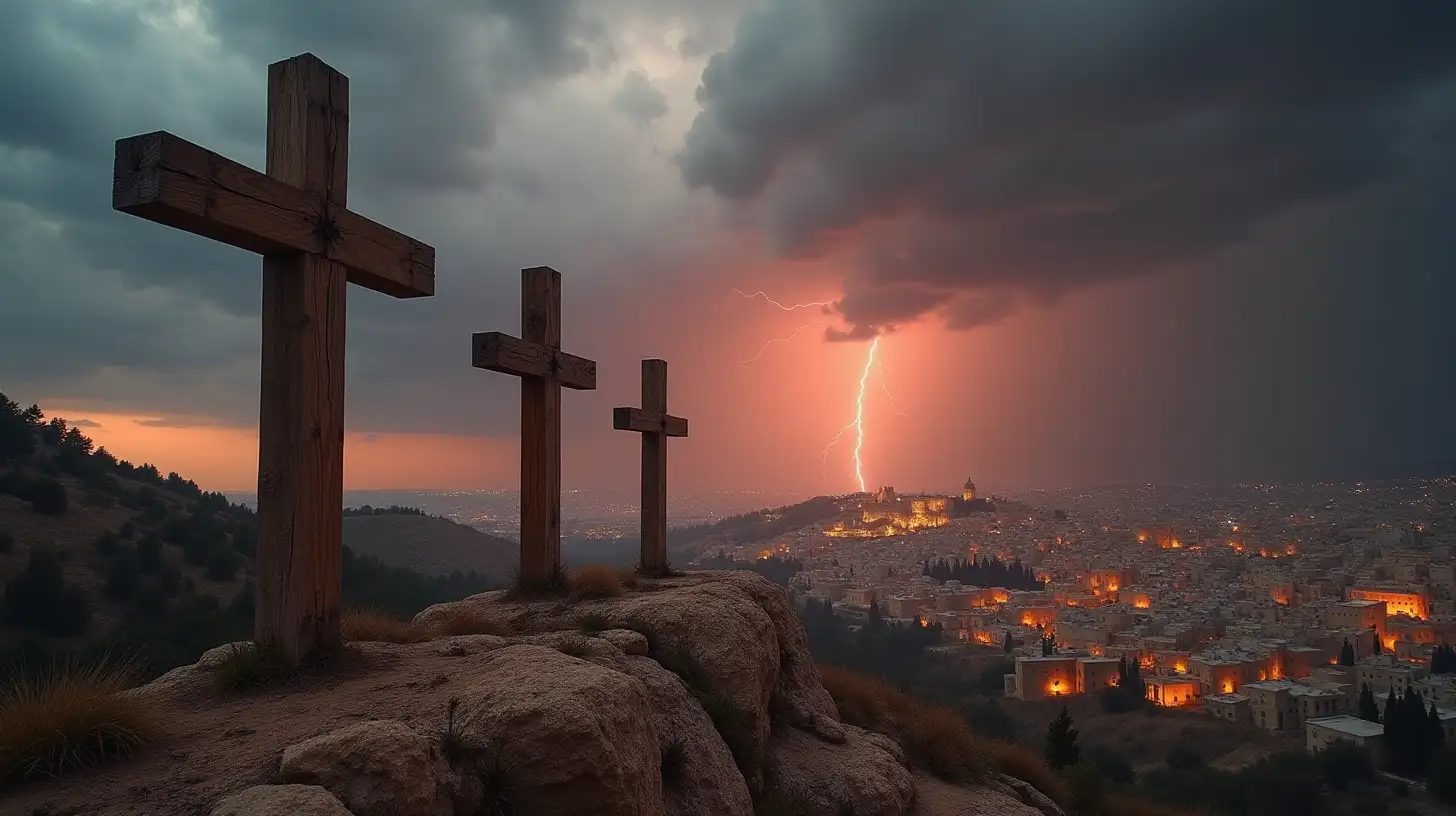 Three Wooden Crosses on a Mountain with Old Jerusalem and Dramatic Sky