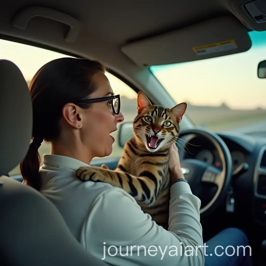 Surprised-Woman-Driving-White-Van-with-Frightened-Bengal-Cat-Clinging-to-Her-Neck