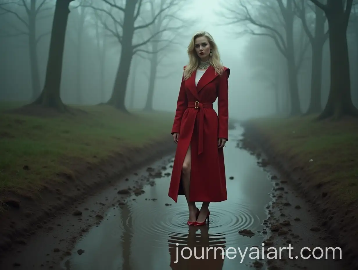 Blonde-Heiress-in-a-Foggy-Forest-Struggling-Through-Mud-in-a-Red-Coat