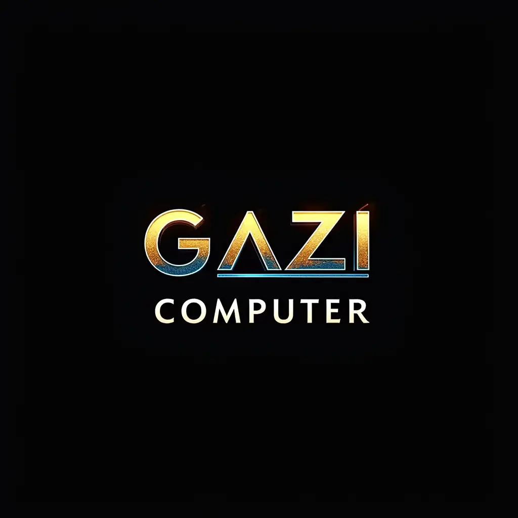 A logo of a shop, named GAZI COMPUTER written with stylish font, [ black and glittering gold color combination with blue strips ]