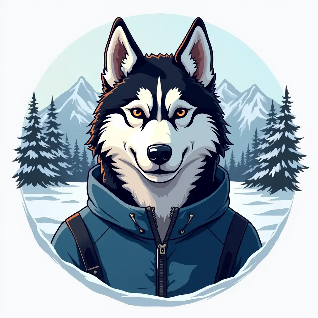 Hyper-realistic logo for the Alaska Husky Club. A carefully detailed portrait of a husky dog, wearing sportswear, in a winter landscape, with the mountains of Alaska in the background. The logo is written in letters АЛЯSКA