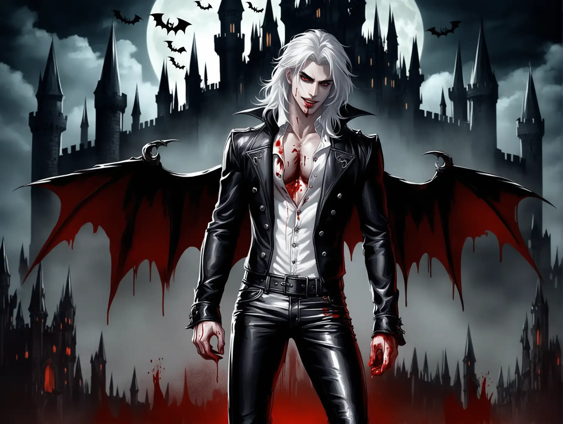 Vampire-with-Long-White-Hair-in-Leather-Pants-at-Dark-Castle-Background