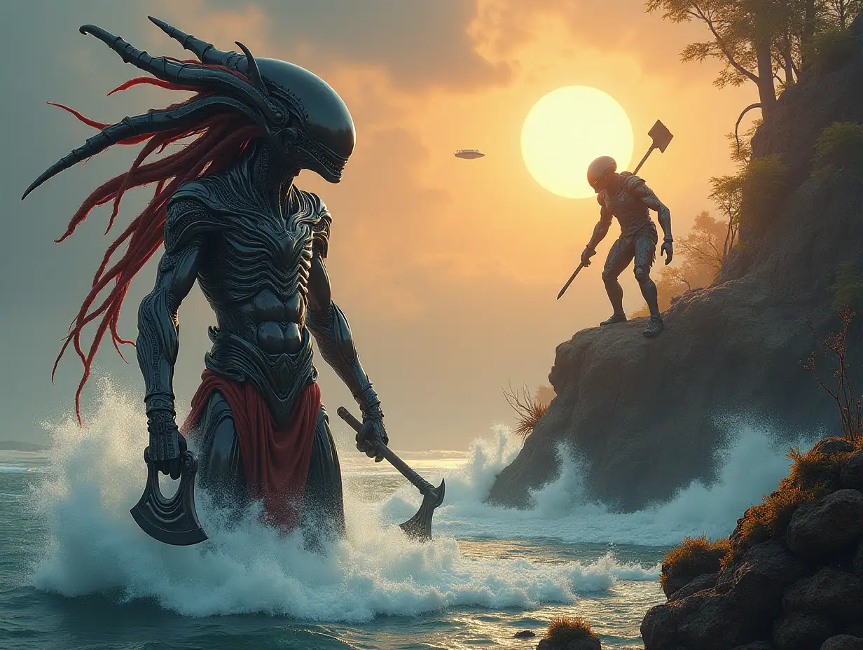 Hyperrealistic portrait of a 15 meter tall metal alien king with black and red metal hair, wielding an axe in the sea, before a 10 meter alien predator with waves on a rock with plants, on a detailed, colorful forested planet with sun and ufo background