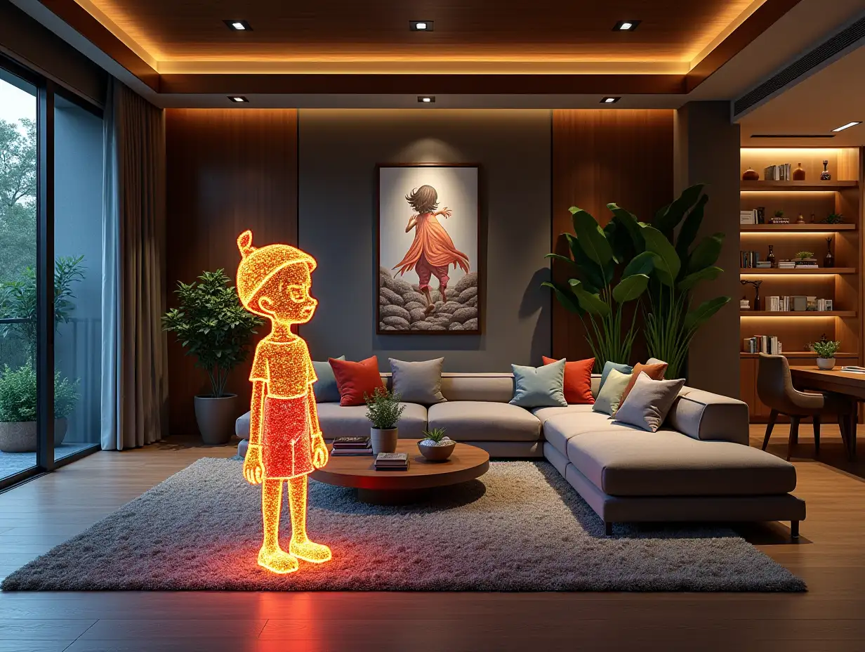 Large modern living room with illuminated colorful metal statue of Pinocchio on the floor.with furniture and plants with Attack on Titan image on the wall Zen-Garden with carefully tended rocks, a meditative 180 degrees shot 8K resolution Colorful